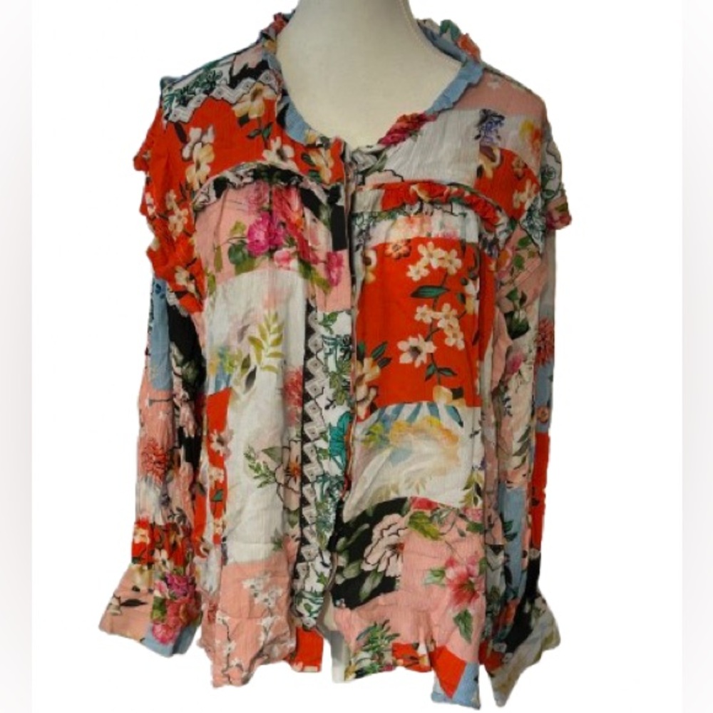 TOLANI Boho Button Down Blouse Shirt Top Mixed Pattern Patchwork Extra Large